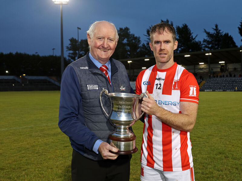 Pat Horgan, Chairperson Cork Gaa, presents the cup to Brian Lawton, Imokilly captain. Picture: Jim Coughlan.  Pat Horgan, Chairperson Cork Gaa, presents the cup to Brian Lawton, Imokilly captain. Picture: Jim Coughlan.