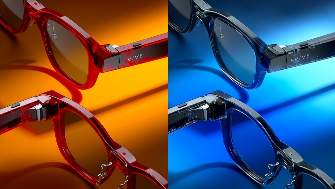 Two pairs of HTC VIVE Eagle smart glasses against an orange and blue background.