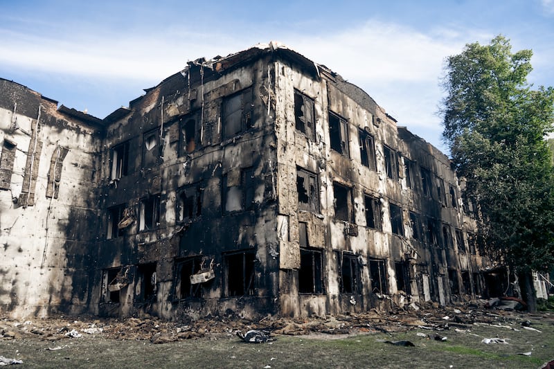 The Sumy State University building stands heavily damaged by a Russian airstrike on August 18th. Photograph: Yehor Kryvoruchko/ Kordon.Media/ Global Images Ukraine via Getty Images