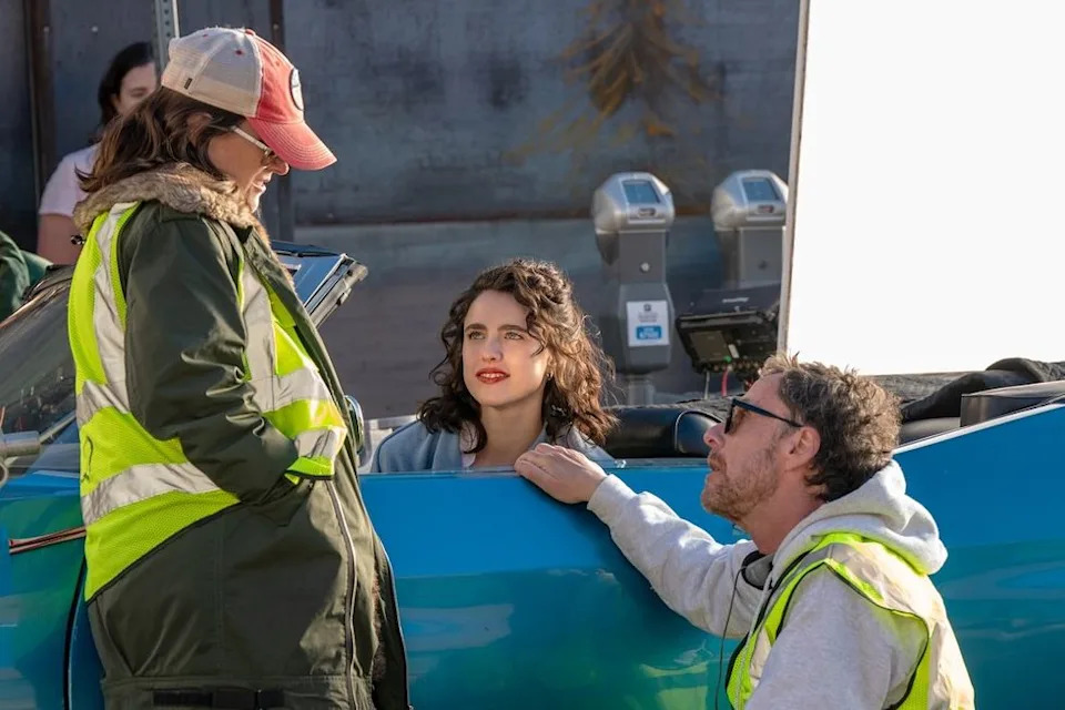 Honey Don't filmmakers Tricia Cooke and Ethan Coen with star Margaret Qualley (center)