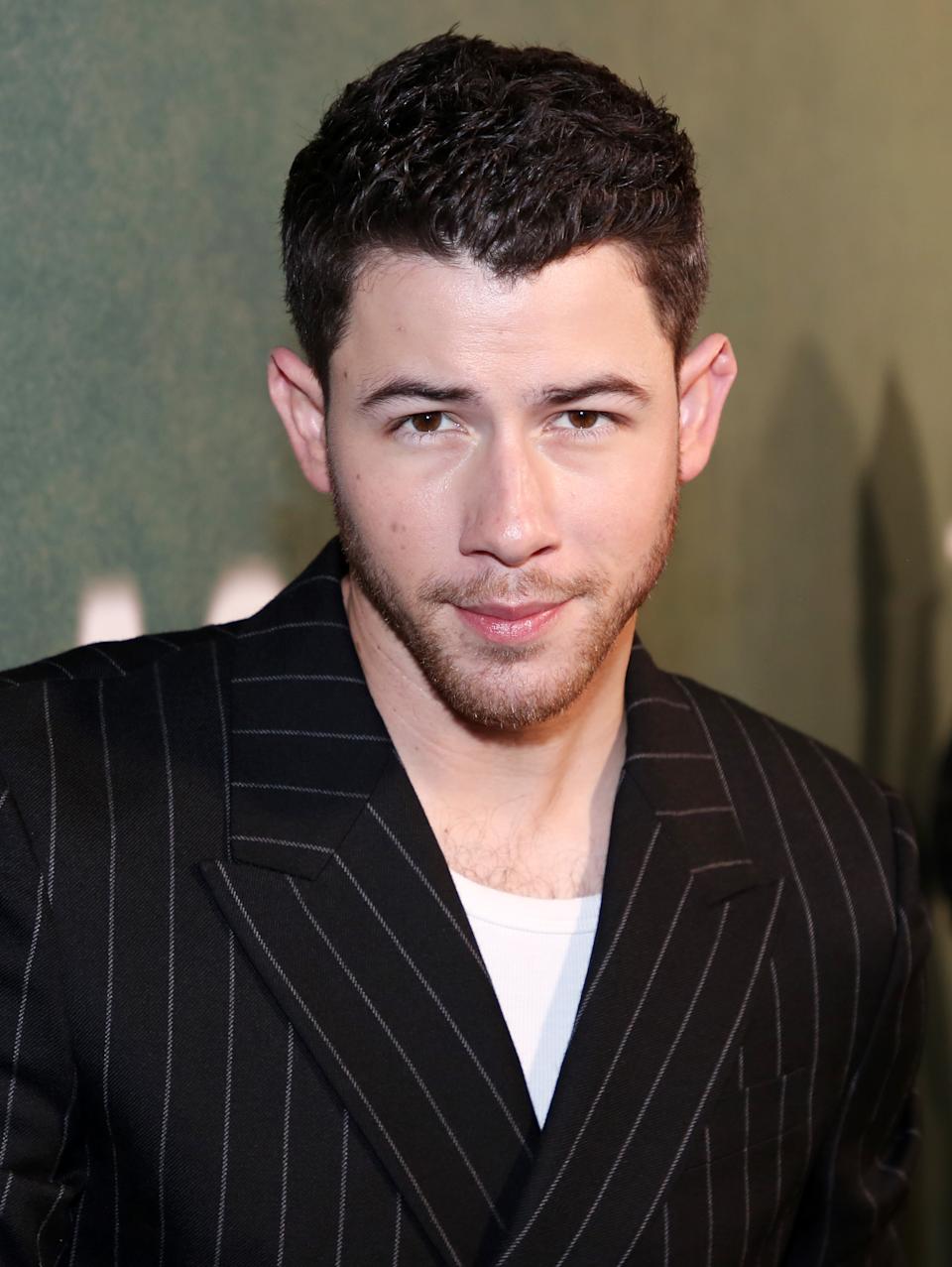 Nick Jonas in pinstripe blazer and shirt on a red carpet event, posing with a slight smile