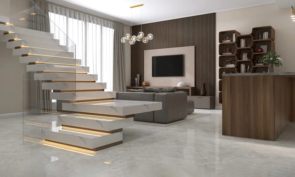 White marble U shape floating stair, led stripe light staircase, tempered glass balustrade in luxury beige living room, window, wood paneling wall for interior design decoration, lifestyle product display background 3D