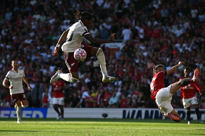Arsenal's Noni Madueke in action against Manchester United. Photograph: Paul Ellis/AFP via Getty Images