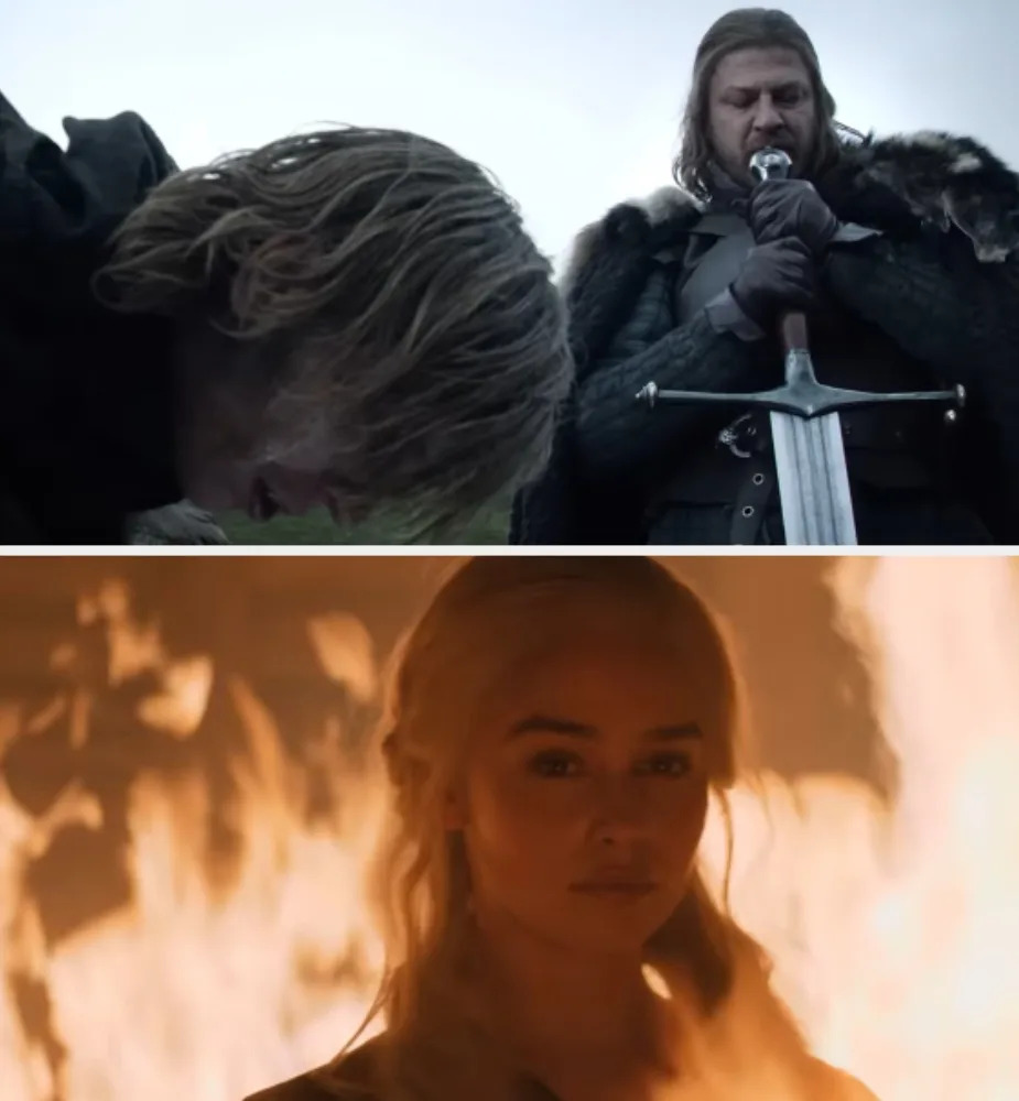 Two scenes: A man kneels before another with sword; a woman stands calmly amid flames