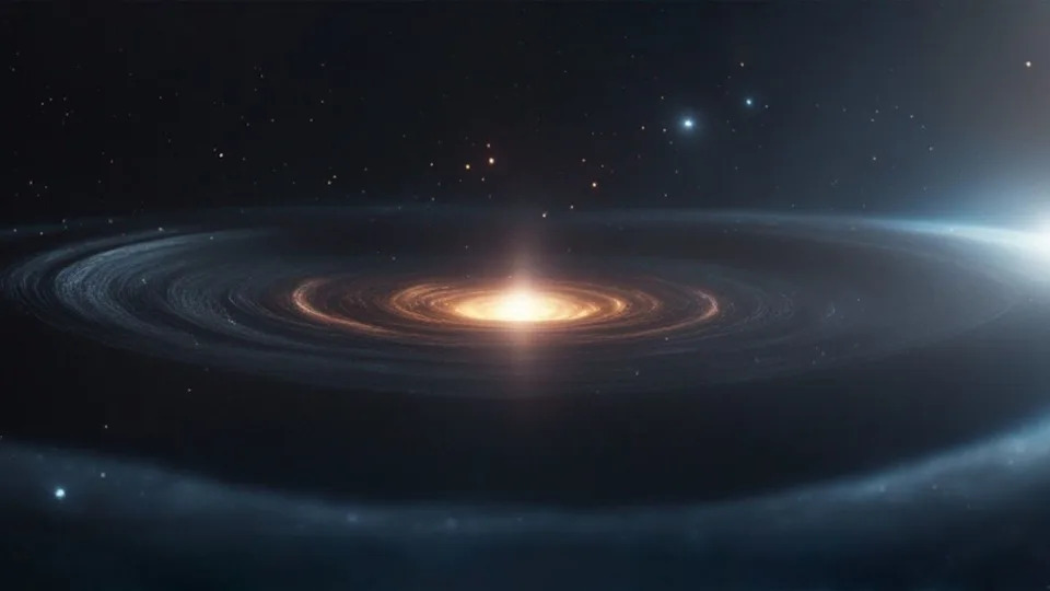  An explosion of light surrounded by ripples of light on a starry background. 