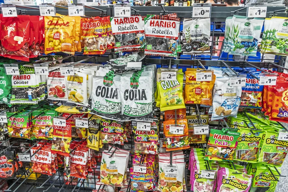 civitavecchia, italy, piazza vittorio emanuele, pam local hypermarket supermarket, sweets candies, brands haribo golia liquirizia rossana toffee, candy, assorted gummy bears, mint licorice, chocolate