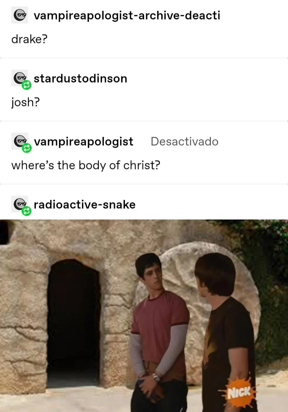 Two people in a scene from a TV show stand before a stone tomb, discussing "the body of Christ" in a humorous internet memes context