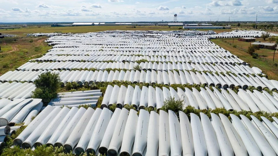 Discarded wind turbine blades are seen in a field in Sweetwater, Texas in 2023. - Brandon Bell/Getty Images