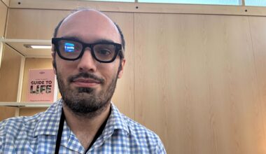 Michael Hicks wearing Android XR prototype glasses