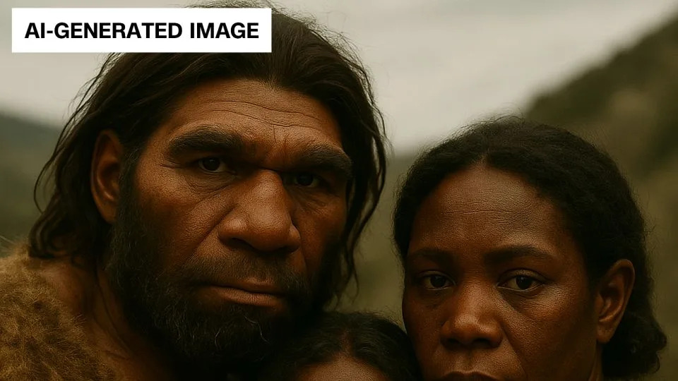 A researcher on the project used an AI software program to create an image of what a Neanderthal-Homo sapiens hybrid family might look like. - Tel Aviv University