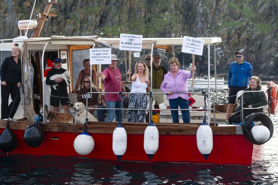 Skellig Michael boatmen protest amid permit dispute for the UNESO Skellig Michael site. Photo by Stephen Power. 