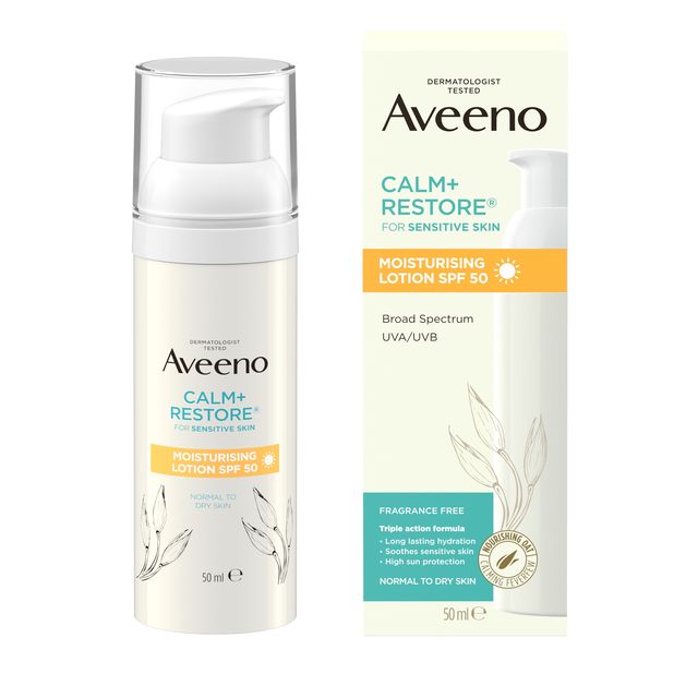 Aveeno Calm + Restore Moisturising Lotion SPF50, €20, tesco.ie
