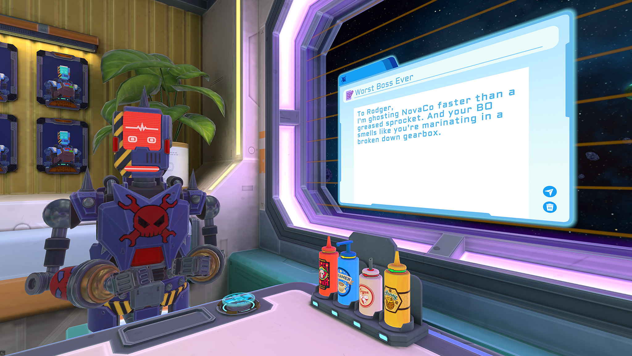 An official screenshot of Stellar Cafe on the Meta Quest 3 of a robot writing a letter quitting its job