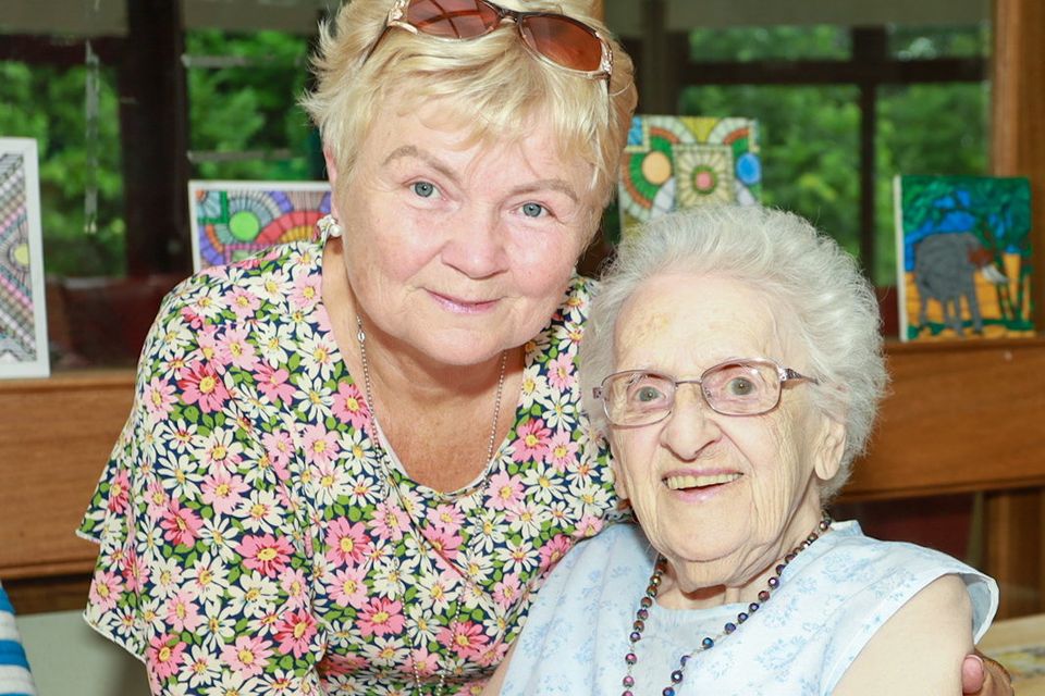 Mary Owley with Carmel Carroll celebrating turning 102 with family, friends and staff in Valentia Nursing Home Camolin. PHOTO: Sabrina Ffrench