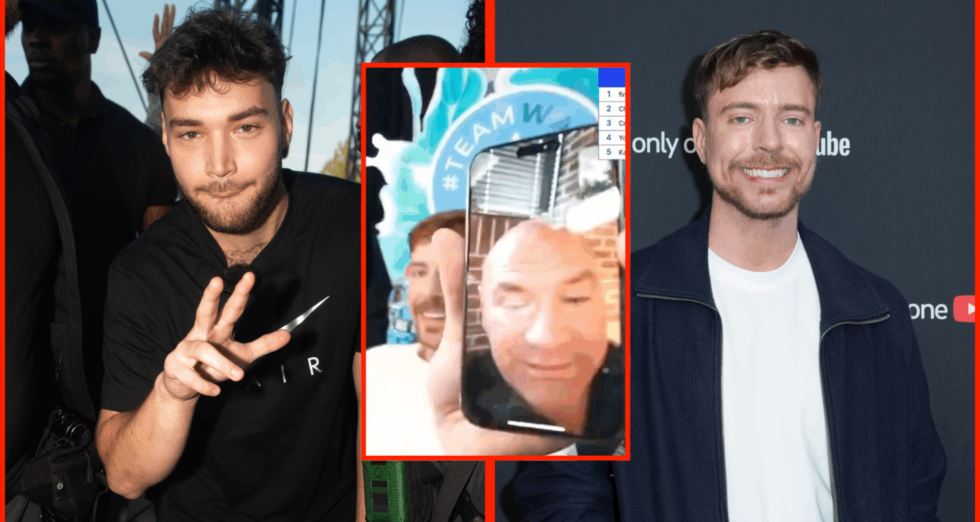 Adin Ross and MrBeast at media events, either side of a grab showing them calling Dana White on FaceTime