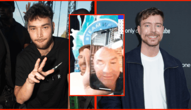 Adin Ross and MrBeast at media events, either side of a grab showing them calling Dana White on FaceTime