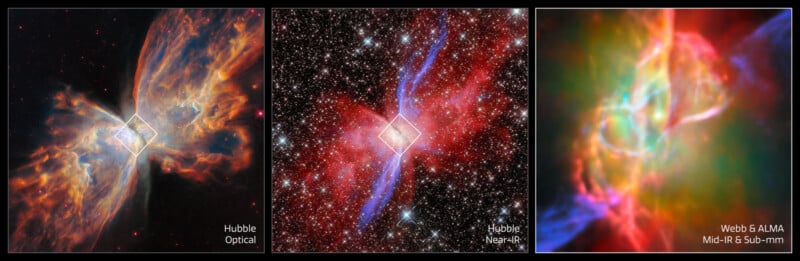 Three side-by-side images of the Butterfly Nebula show different views: Hubble optical (left), Hubble near-infrared (center), and a colorful Webb/ALMA composite (right), highlighting varied cosmic details.