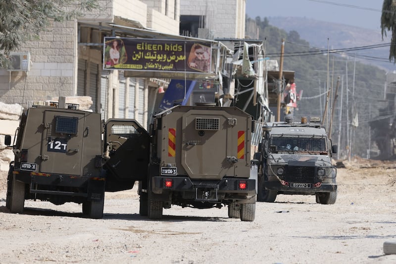 Israeli military vehicles during an Israeli army raid in the Nur Shams refugee camp last October. Photograph: EPA