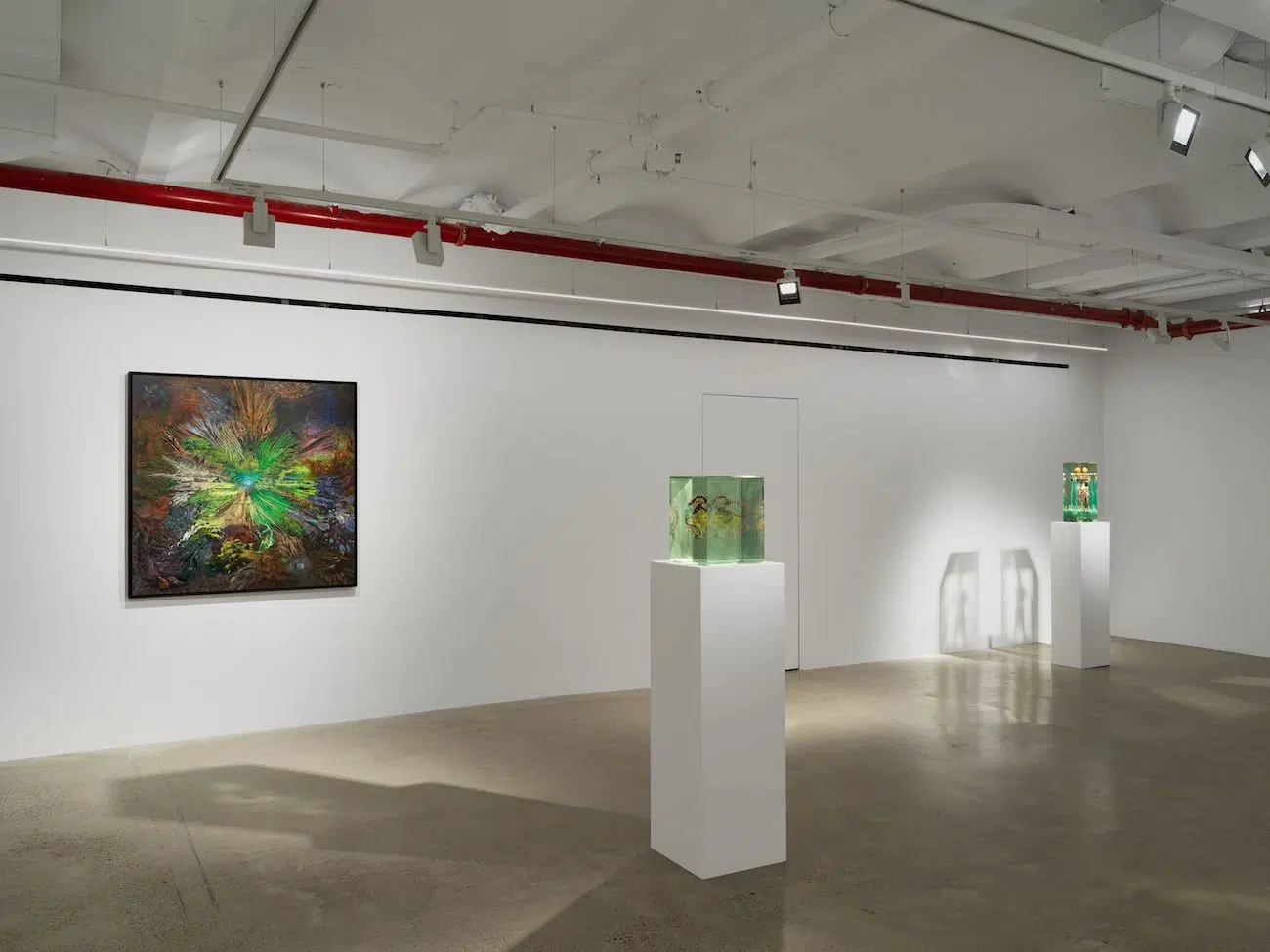 Installation view of "Dustin Yellin: If a bird's nest is nature, what is a house?" at Almine Rech Gallery in New York, NY.