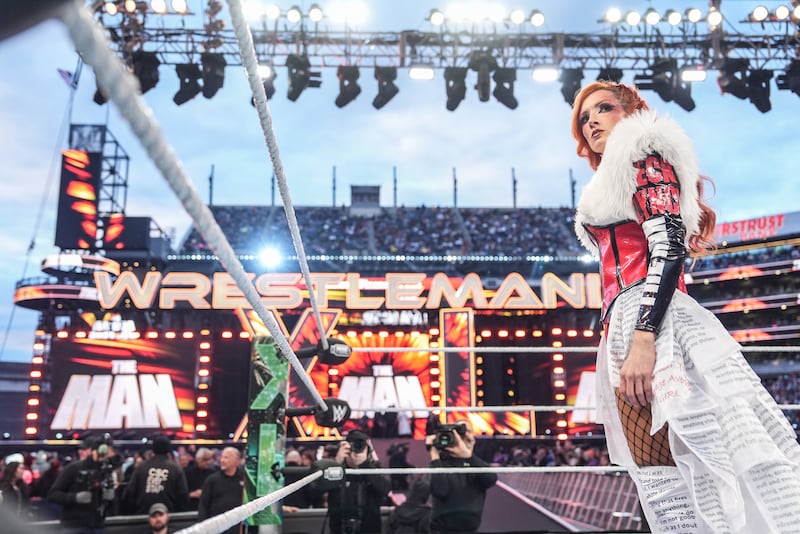 Becky Lynch enters the ring during Night One of WrestleMania 40 at Lincoln Financial Field in Philadelphia. Photograph: WWE/Getty Images