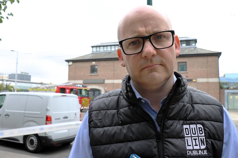 Lord Mayor of Dublin Cllr Ray McAdam at the scene of the bridge fire in the Dublin Docklands.