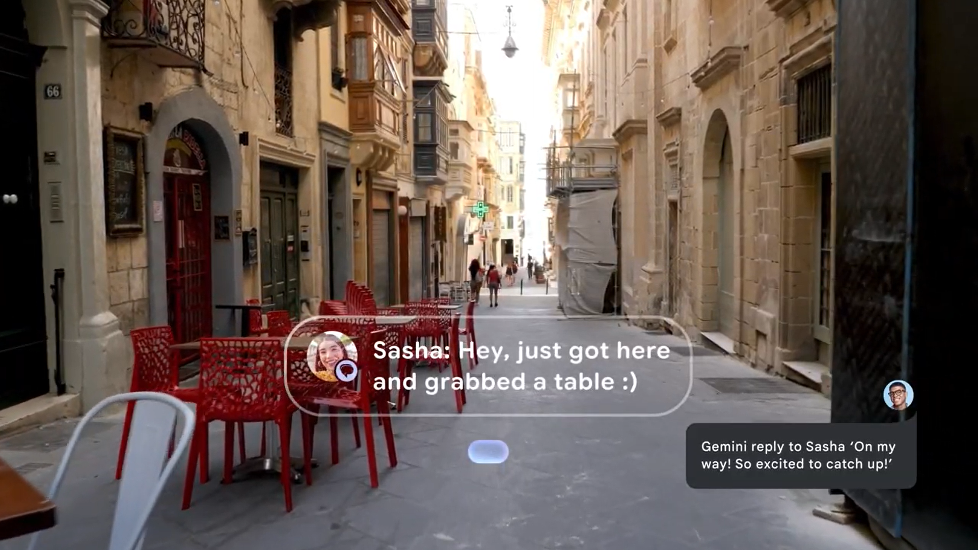 A still from an Android XR example video of how the software will look on smart glasses, showing a Google Messages pop-up from Sasha
