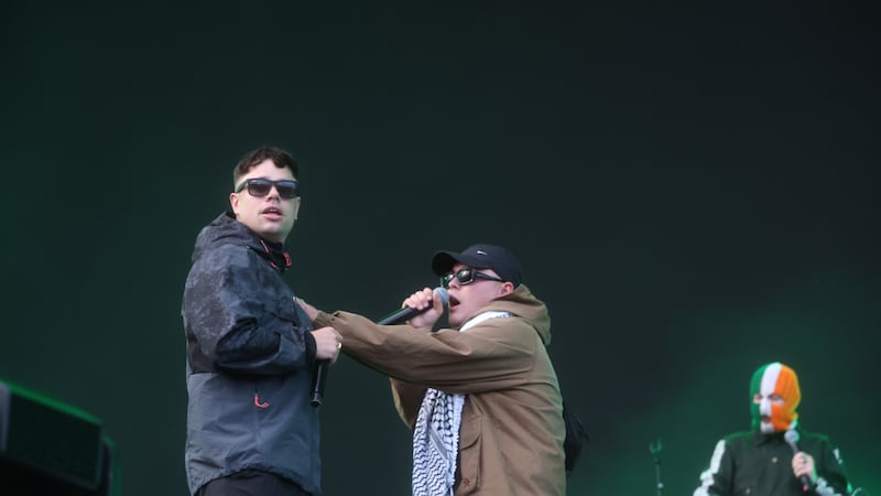 ‘It’s good to be home’: Kneecap’s Belfast Vital homecoming sees political swipes and solidarity with Palestine