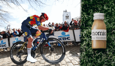 Mads Pedersen of Lidl-Trek and a bottle of Nomio broccoli juice.