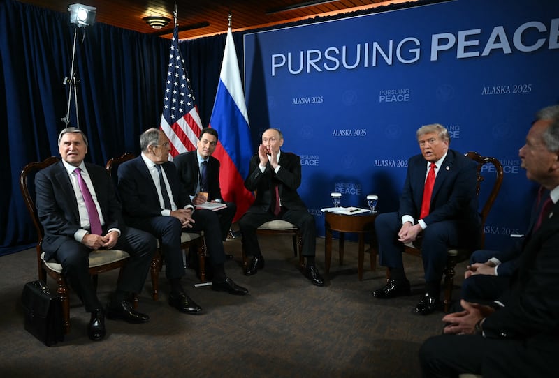 US President Donald Trump and Russian President Vladimir Putin meet during a US-Russia summit on Ukraine at Joint Base Elmendorf-Richardson in Anchorage, Alaska. Photograph: Andrew Caballero-Reynolds/AFP via Getty Images