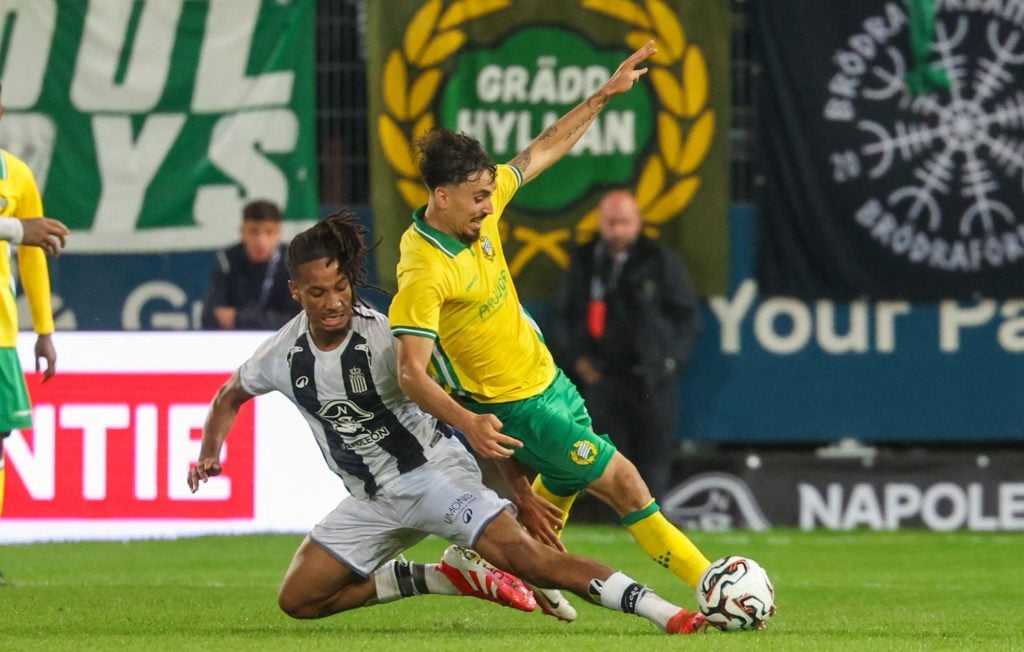 Charleroi's Etienne Camara and Hammarby's Sebastian Tounekti fight for the ball during a soccer game between Belgian Sporting Charleroi and Swedish Hammarby Fotboll, on Thursday 31 July 2025 in Charleroi, the return leg of the 2nd qualifying round for the UEFA Conference League competition