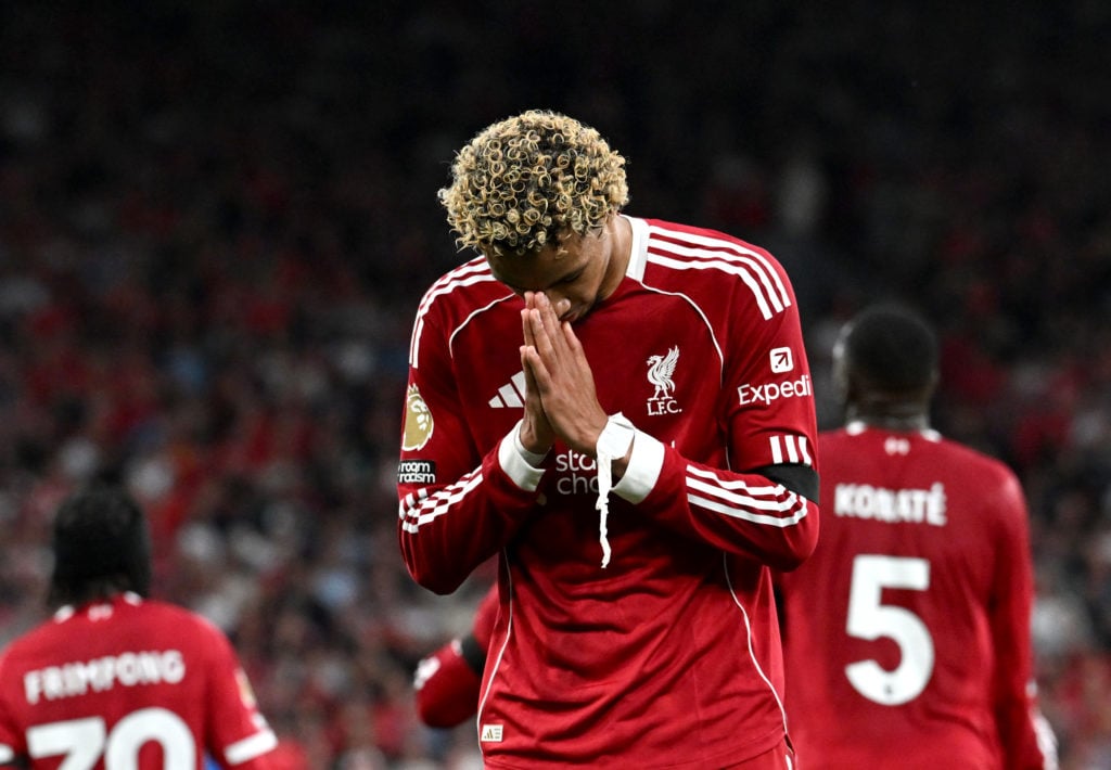 Hugo Ekitike of Liverpool celebrates scoring his team's first goal during the Premier League match between Liverpool and Bournemouth at Anfield