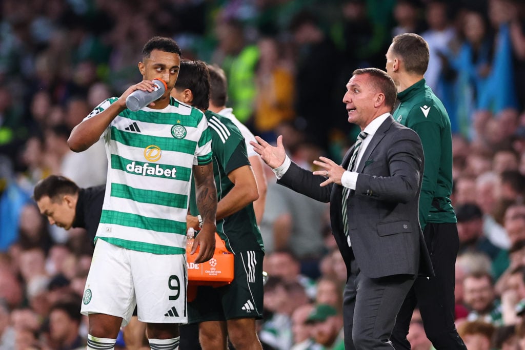 Brendan Rodgers instructs Adam Idah during Celtic vs Kairat Almaty