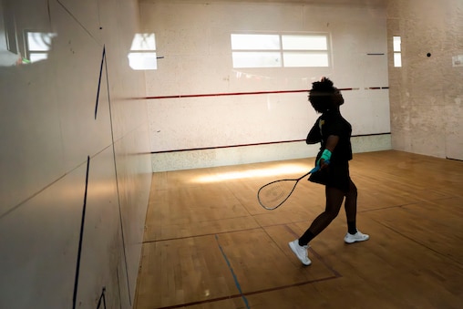 A young student in the youth development program plays Squash at Squashwise on August 4, 2025.
