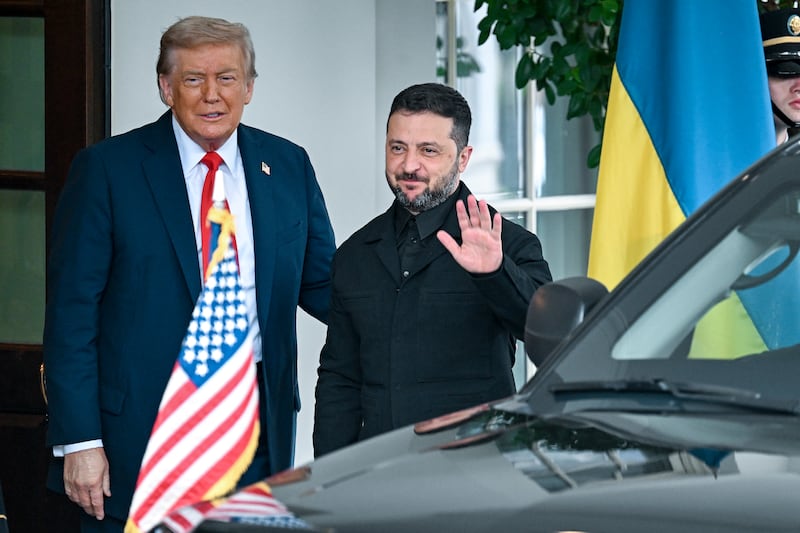 US president Donald Trump greets Ukrainian president Volodymyr Zelenskiy at the West Wing of the White House in Washington. Photograph: Doug Mills/The New York Times
                      