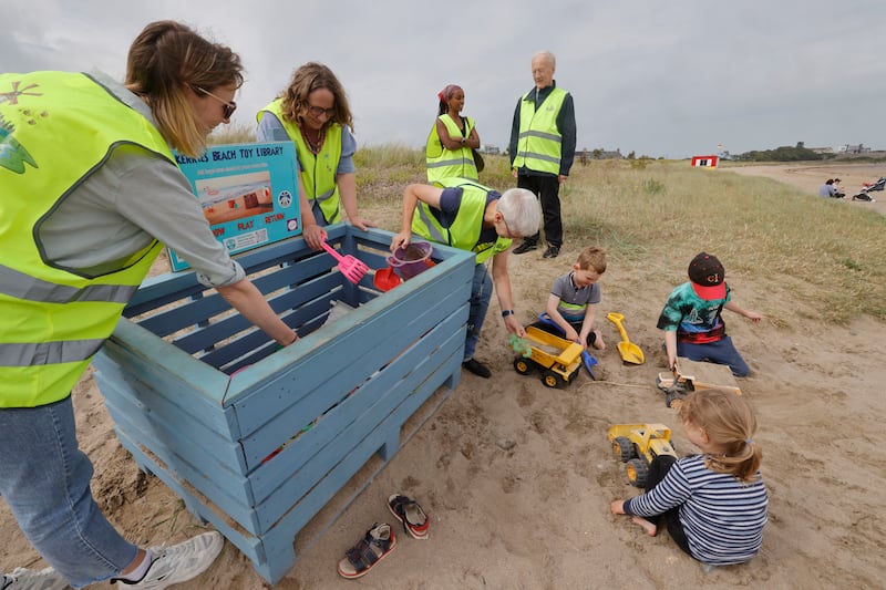 Children play at the beach toy library on the South Beach at Skerries. Photograph: Alan Betson/The Irish Times

