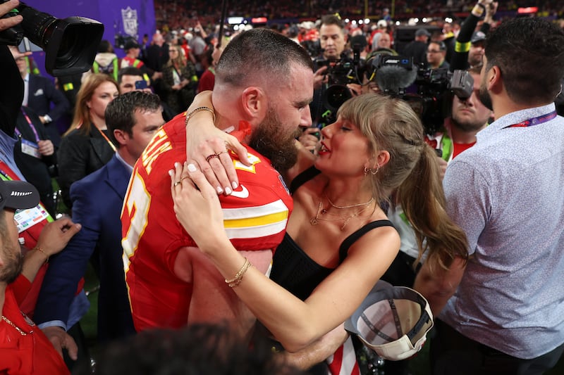 Travis Kelce of the Kansas City Chiefs kisses Taylor Swift after defeating the San Francisco 49ers at the Super Bowl in February, 2024, in Las Vegas, Nevada. Photograph: Ezra Shaw/Getty Images
