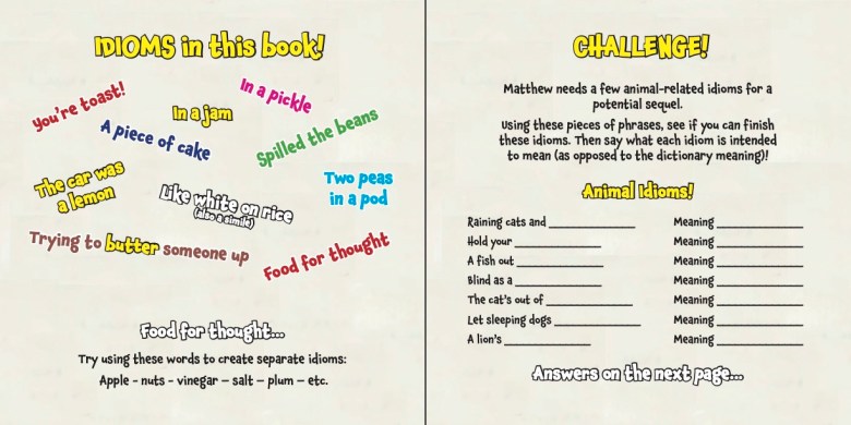 A two page spread from the book Idiomania featuring idioms