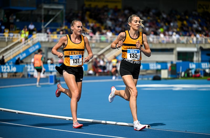 Niamh Allen on her way to winning the senior women's 5,000m ahead of Leevale clubmate Anika Thompson at the National Track and Field Championships in Dublin. Photograph: Sam Barnes/Sportsfile