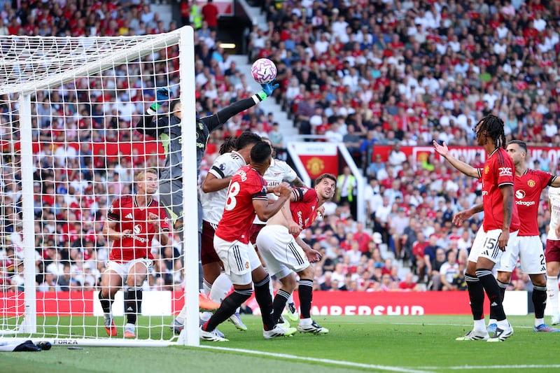 Arsenal's Riccardo Calafiori scores past Manchester United's Altay Bayindir. Photograph: Michael Regan/Getty Images