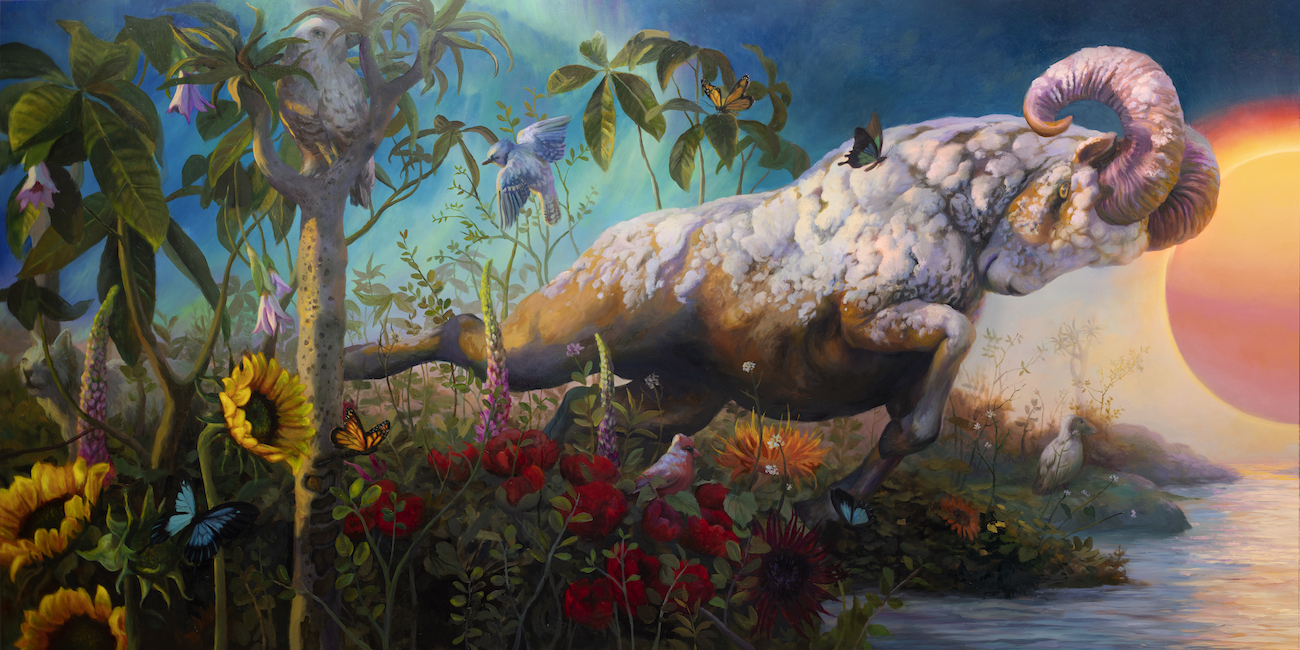 Painting of a ram preparing to battle, included in 