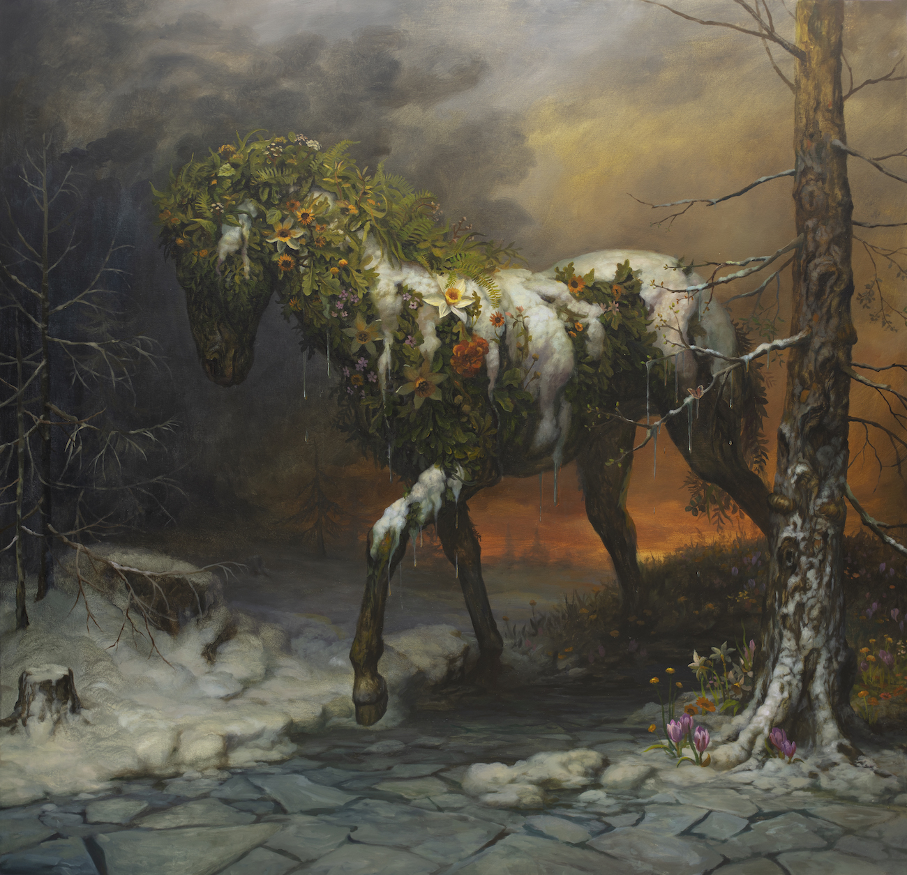 Painting of a horse wandering through a ravaged forest, included in 