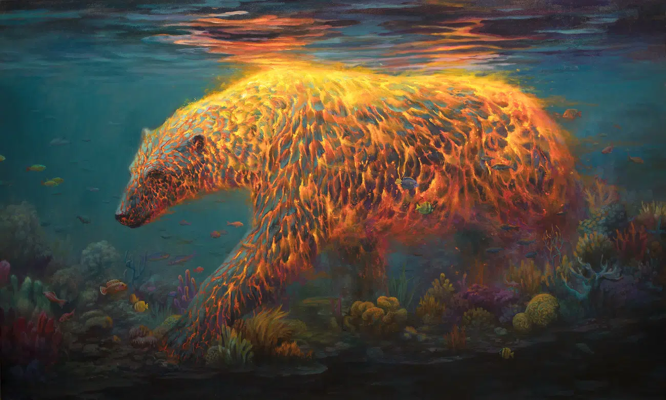Painting of a polar bear with fire- and volcano-like features, included in 