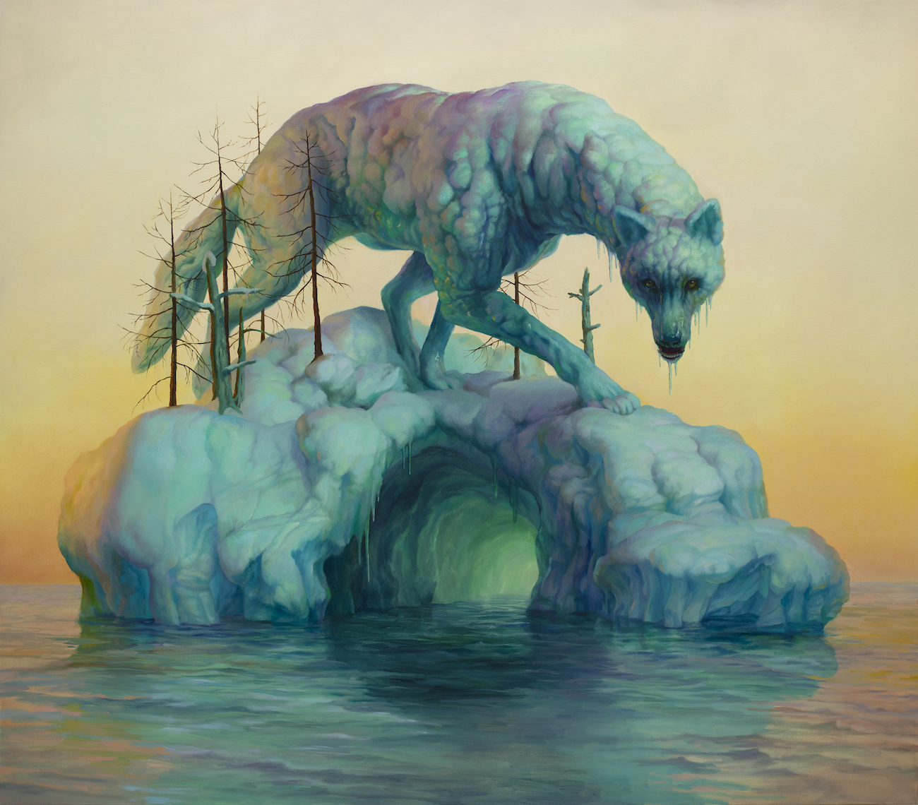 Painting of a wolf wandering an icy island, included in 