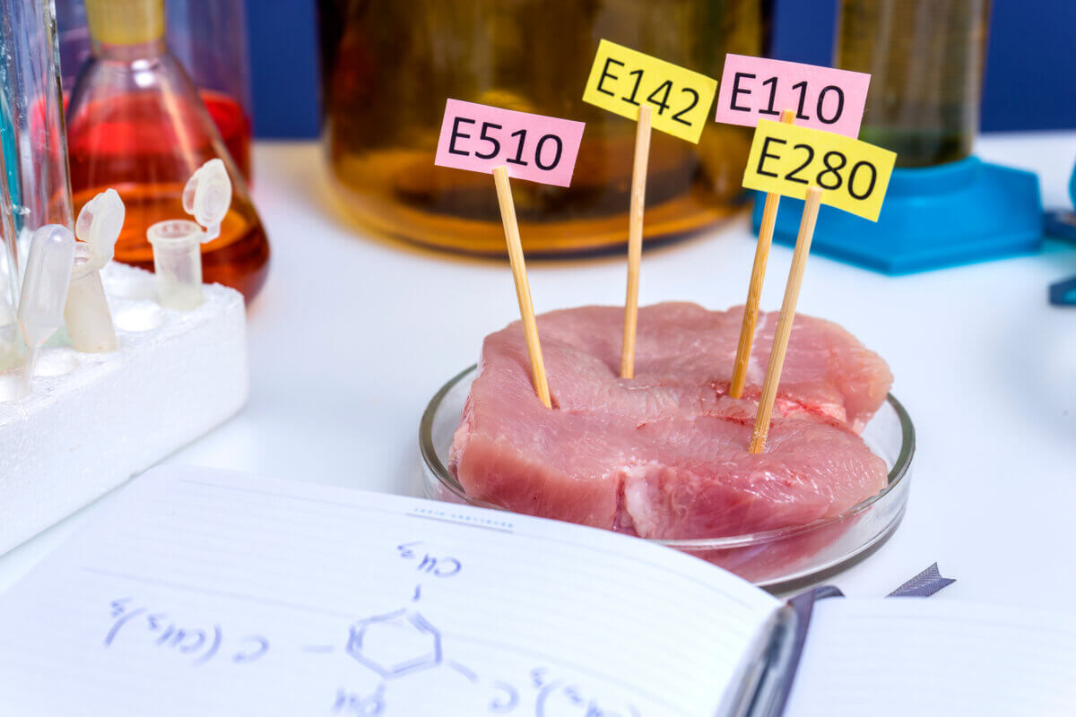 Meat being tested in a lab for chemicals and additives