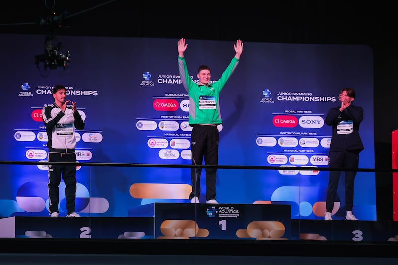 BUCHAREST, ROMANIA - AUGUST 24:  (L-R) Silver medalist Daniele del Signore of Italy, gold medalist John Shortt of Ireland, and bronze medalist Melnychuk of USA pose after the final. Photograph: Vasile Mihai-Antonio/Getty