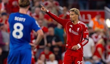 LIVERPOOL, ENGLAND - Friday, August 15, 2025: Liverpool's Hugo Ekitike celebrates after scoring the first goal during the FA Premier League match between Liverpool FC and AFC Bournemouth at Anfield. (Photo by David Rawcliffe/Propaganda)