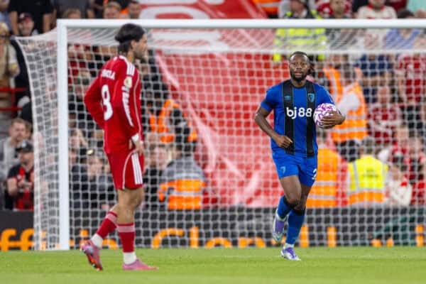 LIVERPOOL, ENGLAND - Friday, August 15, 2025: Bournemouth's Antoine Semenyo celebrates after scoring his side's first goal during the FA Premier League match between Liverpool FC and AFC Bournemouth at Anfield. (Photo by David Rawcliffe/Propaganda)