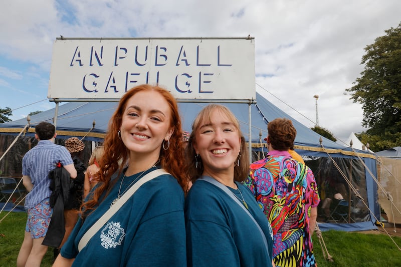 Róise Eilís Nic Eochaidh and Liadán Nic Cormaic who are staying at the An Ghaeltacht campsite at Electric Picnic. Photograph: Alan Betson/The Irish Times

