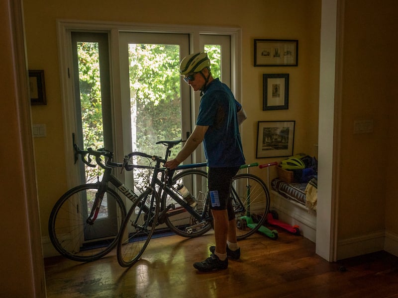 Michael Kieschnick at his home on Hamilton Avenue, Palo Alto, which is bound on three sides by properties owned by Mark Zuckerberg.  Photograph: Loren Elliott/The New York Times
                      