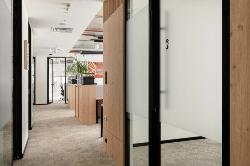 Modern office hallway with glass and wood-paneled doors, frosted windows, carpeted floor, and desks with plants in the background.